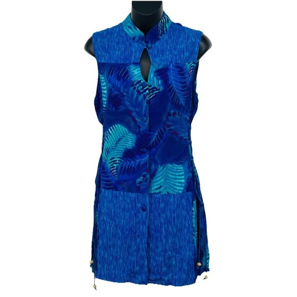 Anthony Mark Hawkins Dress A Line 10 Keyhole Sheath Short Blue Tropical Leaf EUC - Picture 1 of 9